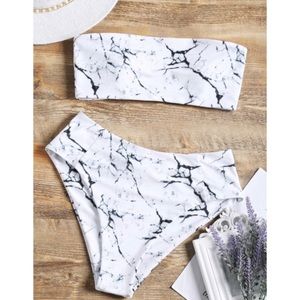 High waisted Bandeau Bikini Set (Marble Print)